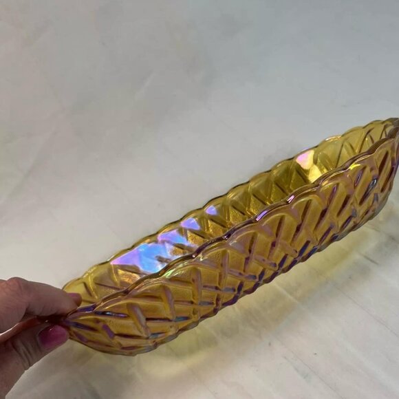 VTG MARIGOLD CARNIVAL GLASS LONG OVAL DISH IRIDESCENT GOLD AMBER Read Descriptio - Picture 5 of 9